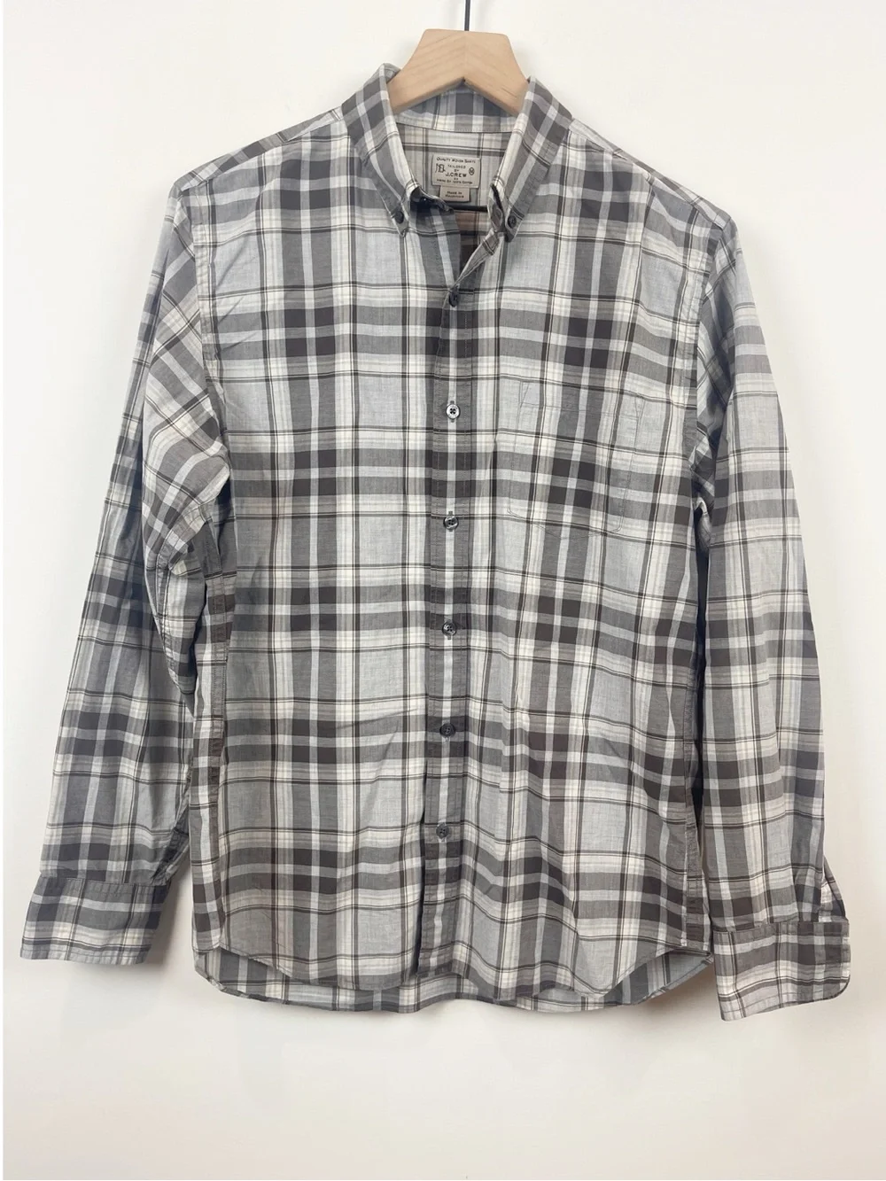 J. Crew Tailored by J Crew Gray, Brown and White Plaid Button-Up Shirt